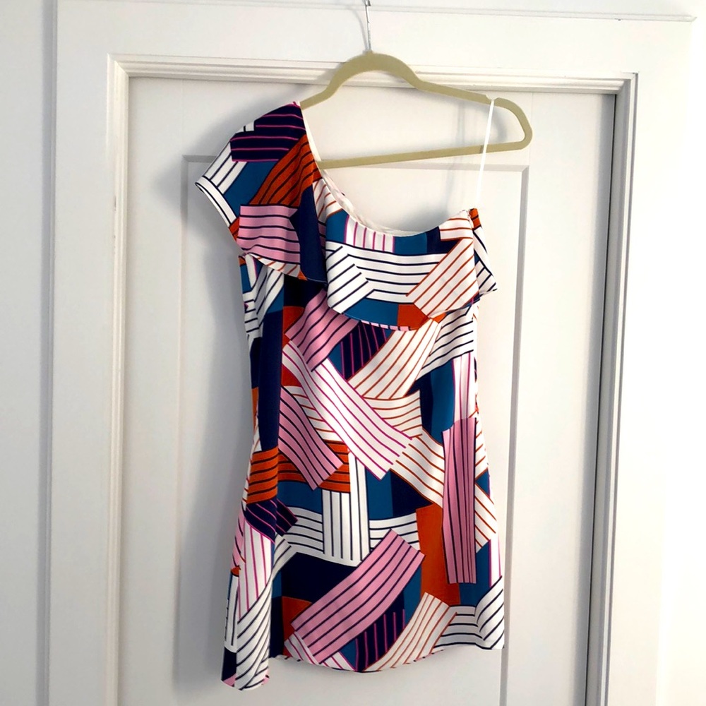 Cooper and Ella Blue Geometric Stripes Brooke One Shoulder dress. Size S